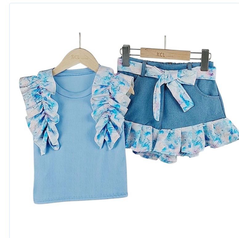 blue ruffled short set