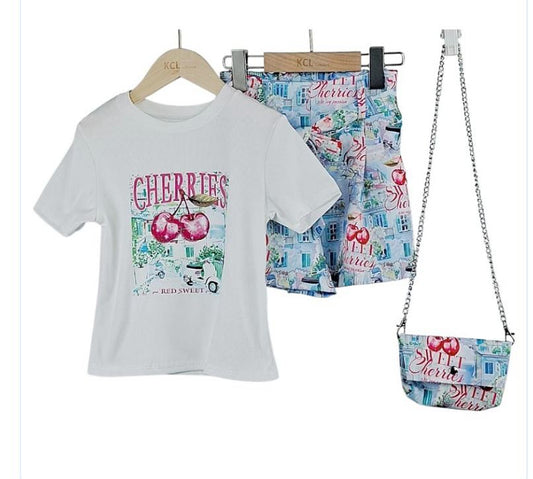short set with matching handbag