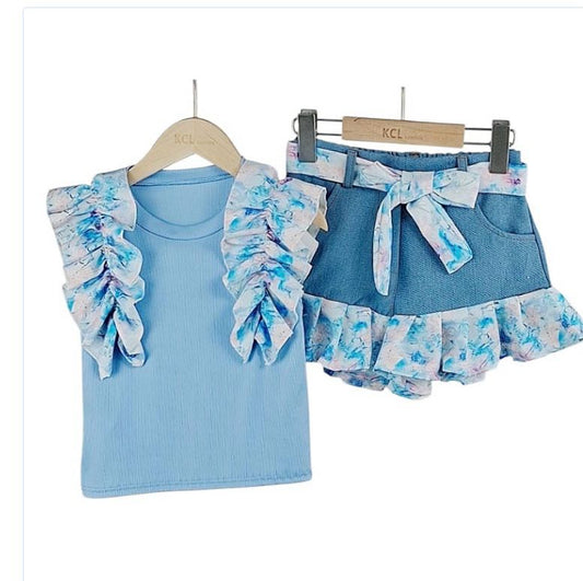 blue ruffled short set
