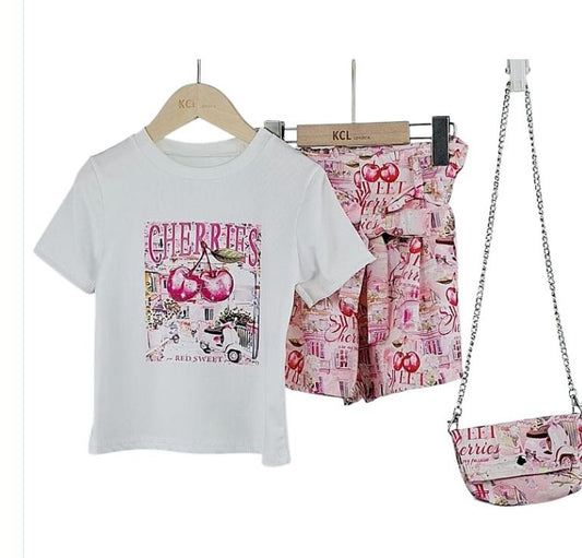 cherry short set with matching bag